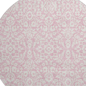 HomeRoots 8' Pink And Ivory Damask Round Rug – Washable, UV-Protected, Stain-Resistant for Stylish Living Spaces! 673160
