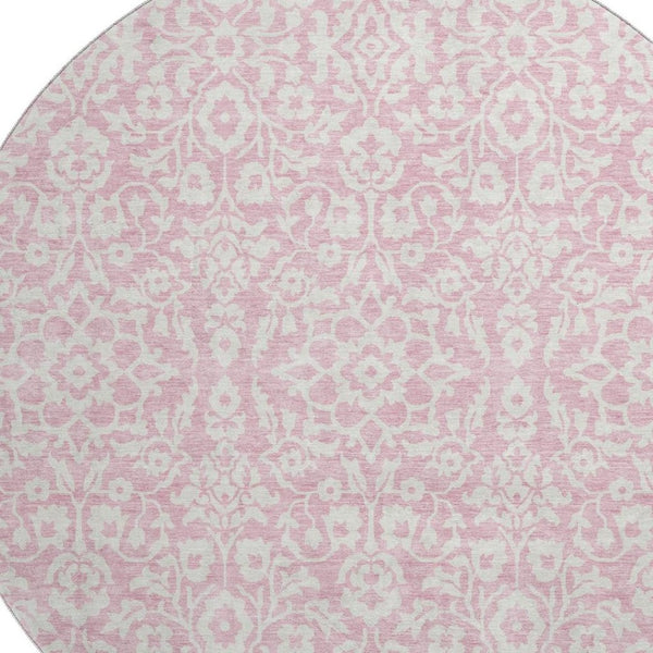 HomeRoots 8' Pink And Ivory Damask Round Rug – Washable, UV-Protected, Stain-Resistant for Stylish Living Spaces! 673160