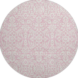 HomeRoots 8' Pink And Ivory Damask Round Rug – Washable, UV-Protected, Stain-Resistant for Stylish Living Spaces! 673160