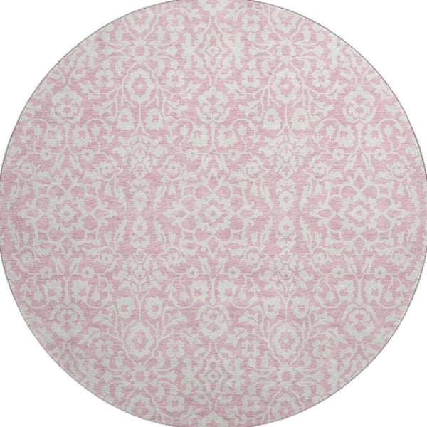 HomeRoots 8' Pink And Ivory Damask Round Rug – Washable, UV-Protected, Stain-Resistant for Stylish Living Spaces! 673160