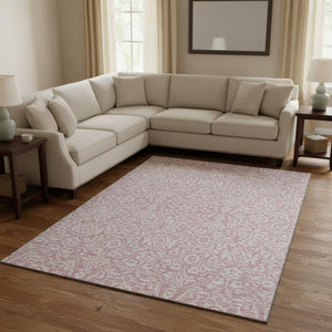 HomeRoots 9' X 12' Pink And Ivory Damask Area Rug – Stylish, Stain-Resistant with UV Protection for Homes 673162