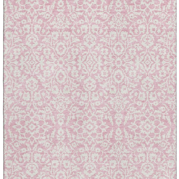 HomeRoots 9' X 12' Pink And Ivory Damask Area Rug – Stylish, Stain-Resistant with UV Protection for Homes 673162