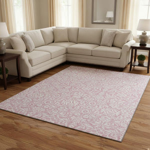 HomeRoots 10' X 14' Pink and Ivory Damask Area Rug - Washable, Stain-Resistant, UV Protected for Family Spaces 673163