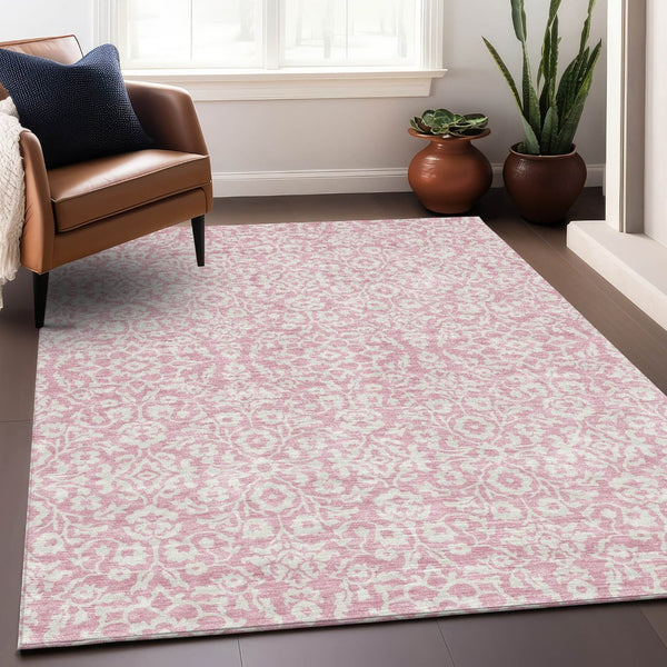 HomeRoots 10' X 14' Pink and Ivory Damask Area Rug - Washable, Stain-Resistant, UV Protected for Family Spaces 673163