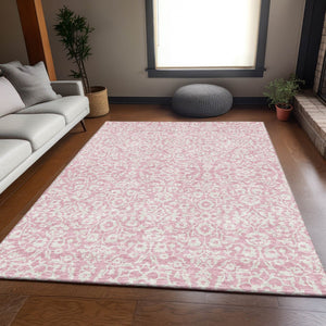 HomeRoots 10' X 14' Pink and Ivory Damask Area Rug - Washable, Stain-Resistant, UV Protected for Family Spaces 673163