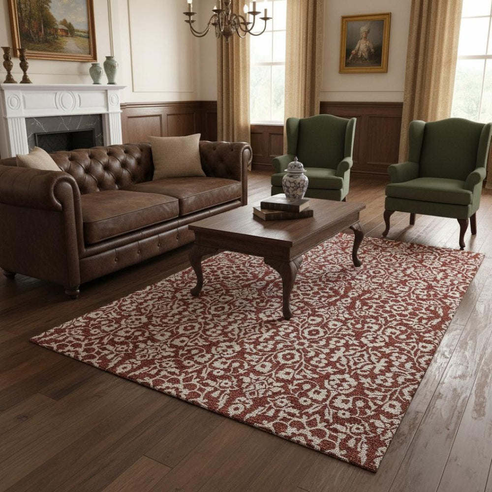 HomeRoots 5' X 8' Elegant Red and Ivory Damask Area Rug - Washable, UV-Protected, Stain-Resistant Design 673165
