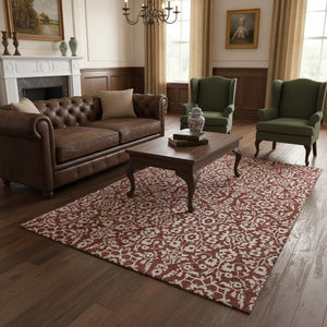 HomeRoots 5' X 8' Elegant Red and Ivory Damask Area Rug - Washable, UV-Protected, Stain-Resistant Design 673165