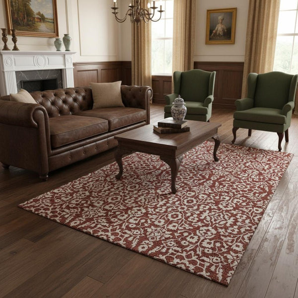 HomeRoots 5' X 8' Elegant Red and Ivory Damask Area Rug - Washable, UV-Protected, Stain-Resistant Design 673165