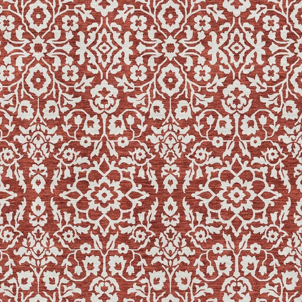HomeRoots 5' X 8' Elegant Red and Ivory Damask Area Rug - Washable, UV-Protected, Stain-Resistant Design 673165