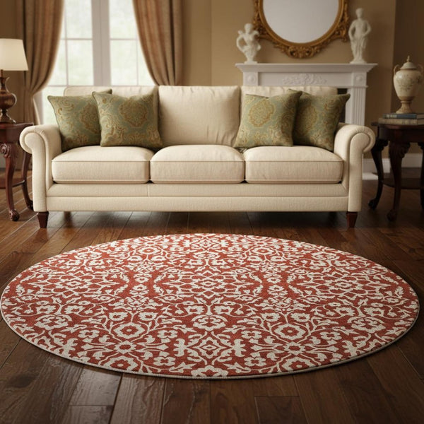 HomeRoots 8' Red and Ivory Damask Round Rug - Washable, UV Protected, Elegant Design for High-Traffic Areas 673166