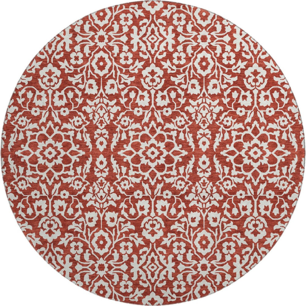 HomeRoots 8' Red and Ivory Damask Round Rug - Washable, UV Protected, Elegant Design for High-Traffic Areas 673166