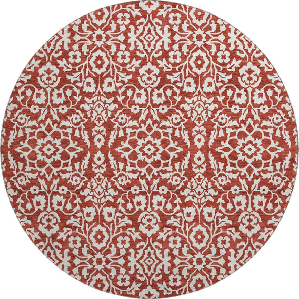 HomeRoots 8' Red and Ivory Damask Round Rug - Washable, UV Protected, Elegant Design for High-Traffic Areas 673166