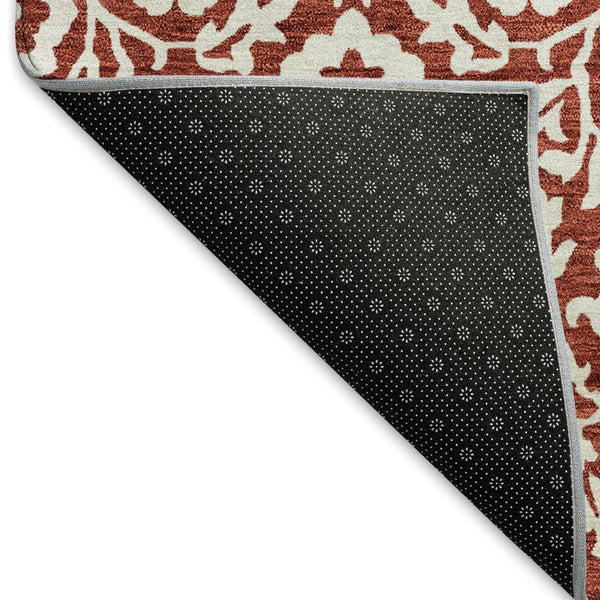 HomeRoots 8' Red and Ivory Damask Round Rug - Washable, UV Protected, Elegant Design for High-Traffic Areas 673166