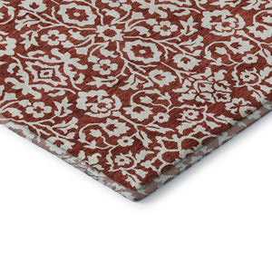 HomeRoots 8' Red and Ivory Damask Round Rug - Washable, UV Protected, Elegant Design for High-Traffic Areas 673166