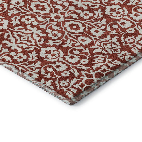 HomeRoots 8' Red and Ivory Damask Round Rug - Washable, UV Protected, Elegant Design for High-Traffic Areas 673166