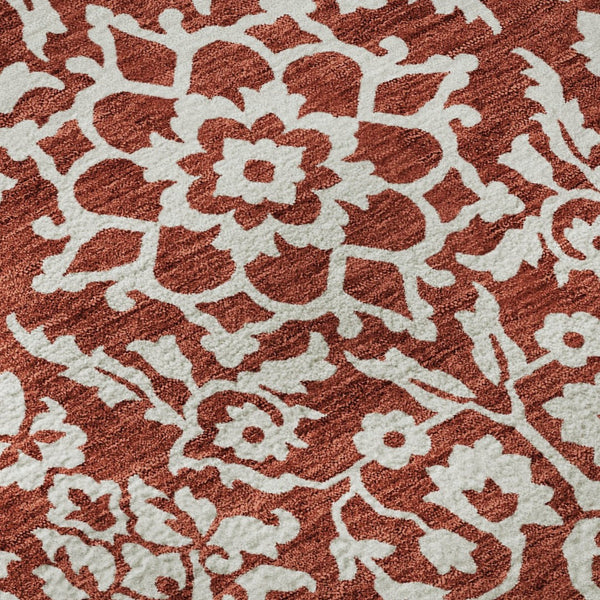 HomeRoots 8' Red and Ivory Damask Round Rug - Washable, UV Protected, Elegant Design for High-Traffic Areas 673166