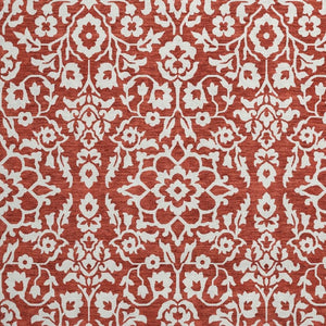 HomeRoots 8' Red and Ivory Damask Round Rug - Washable, UV Protected, Elegant Design for High-Traffic Areas 673166