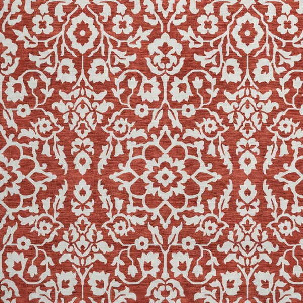 HomeRoots 8' Red and Ivory Damask Round Rug - Washable, UV Protected, Elegant Design for High-Traffic Areas 673166