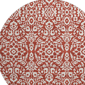 HomeRoots 8' Red and Ivory Damask Round Rug - Washable, UV Protected, Elegant Design for High-Traffic Areas 673166