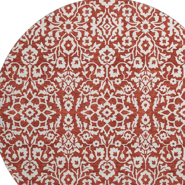 HomeRoots 8' Red and Ivory Damask Round Rug - Washable, UV Protected, Elegant Design for High-Traffic Areas 673166