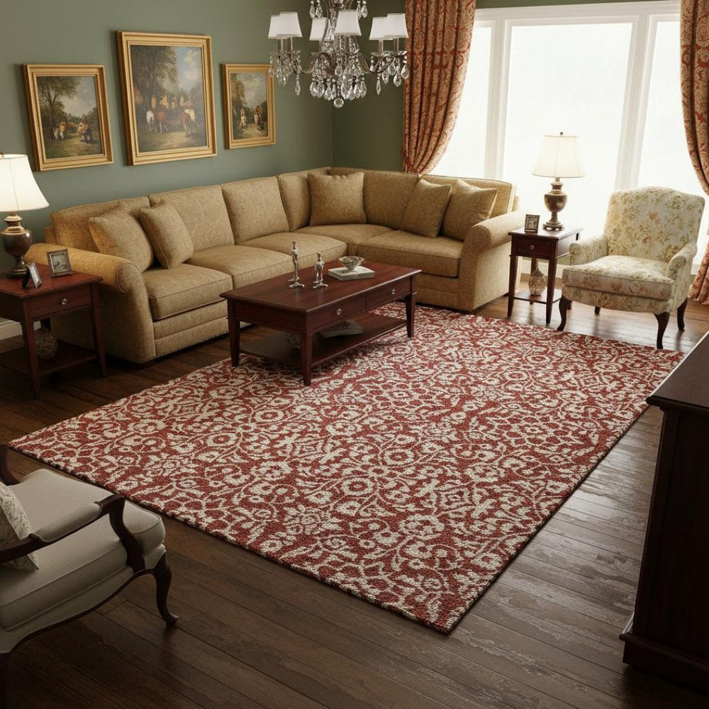HomeRoots 8' X 10' Red and Ivory Damask Area Rug - Washable, UV-Protected, Durable, Stylish Home Décor Essential 673167