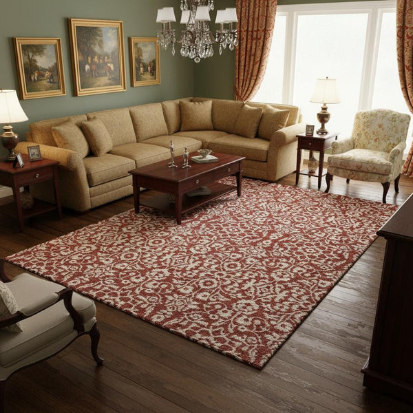 HomeRoots 8' X 10' Red and Ivory Damask Area Rug - Washable, UV-Protected, Durable, Stylish Home Décor Essential 673167