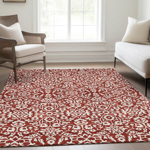 HomeRoots 8' X 10' Red and Ivory Damask Area Rug - Washable, UV-Protected, Durable, Stylish Home Décor Essential 673167