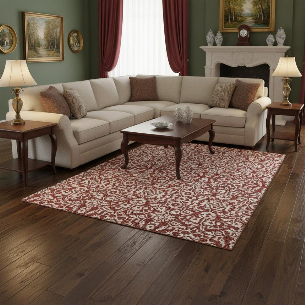 HomeRoots 9' X 12' Red And Ivory Damask Area Rug - Washable, UV Protected, Durable for High-Traffic Spaces 673168