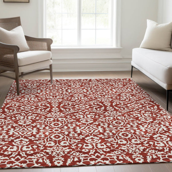 HomeRoots 9' X 12' Red And Ivory Damask Area Rug - Washable, UV Protected, Durable for High-Traffic Spaces 673168
