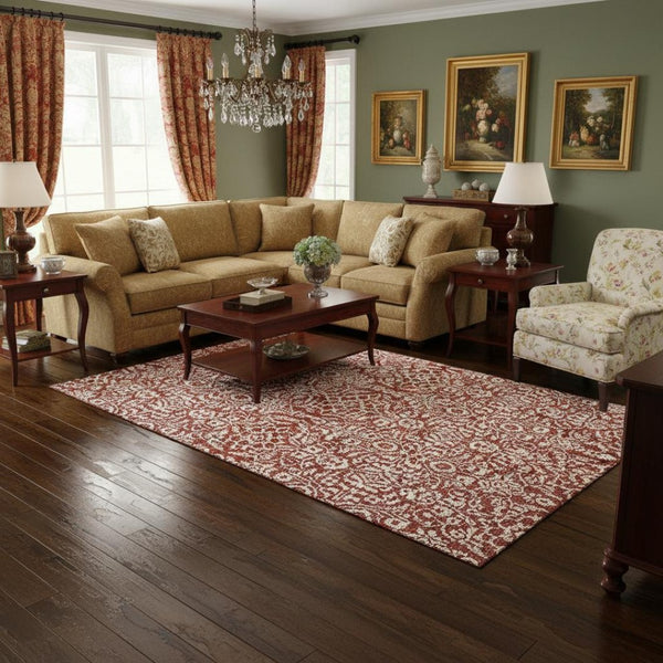 HomeRoots 10' X 14' Elegant Red and Ivory Damask Area Rug - Washable, Stain-Resistant, UV Protected Quality! 673169