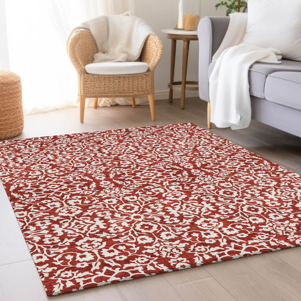 HomeRoots 10' X 14' Elegant Red and Ivory Damask Area Rug - Washable, Stain-Resistant, UV Protected Quality! 673169
