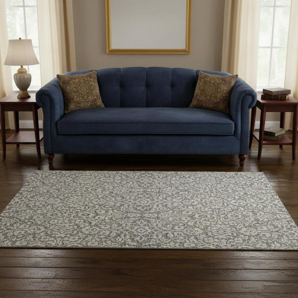 HomeRoots 5' X 8' Elegant Taupe & Ivory Damask Washable Area Rug - Durable, Stain Resistant & UV Protected! 673171