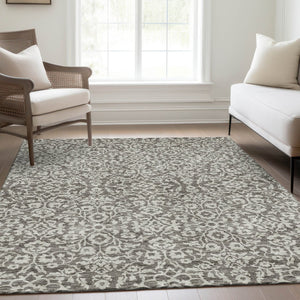 HomeRoots 5' X 8' Elegant Taupe & Ivory Damask Washable Area Rug - Durable, Stain Resistant & UV Protected! 673171