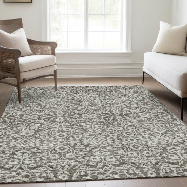 HomeRoots 5' X 8' Elegant Taupe & Ivory Damask Washable Area Rug - Durable, Stain Resistant & UV Protected! 673171