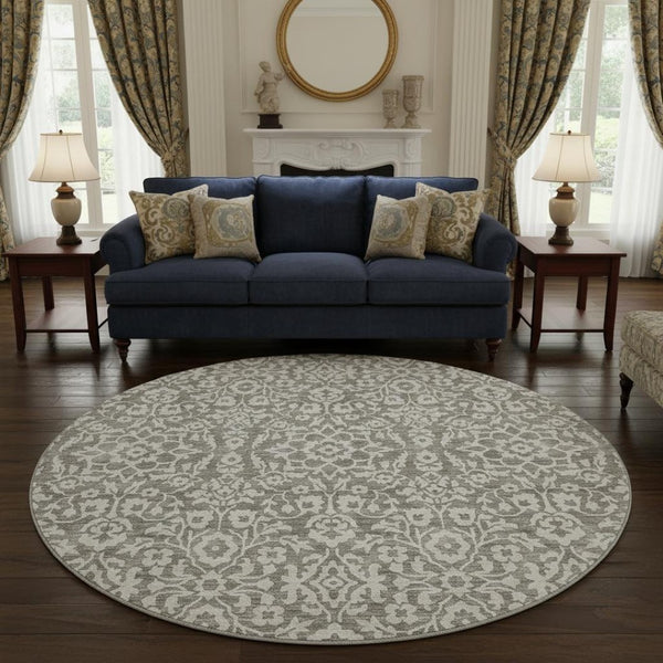 HomeRoots 8' Taupe And Ivory Damask Round Rug - Durable, Washable Design with UV Protection for Busy Homes 673172