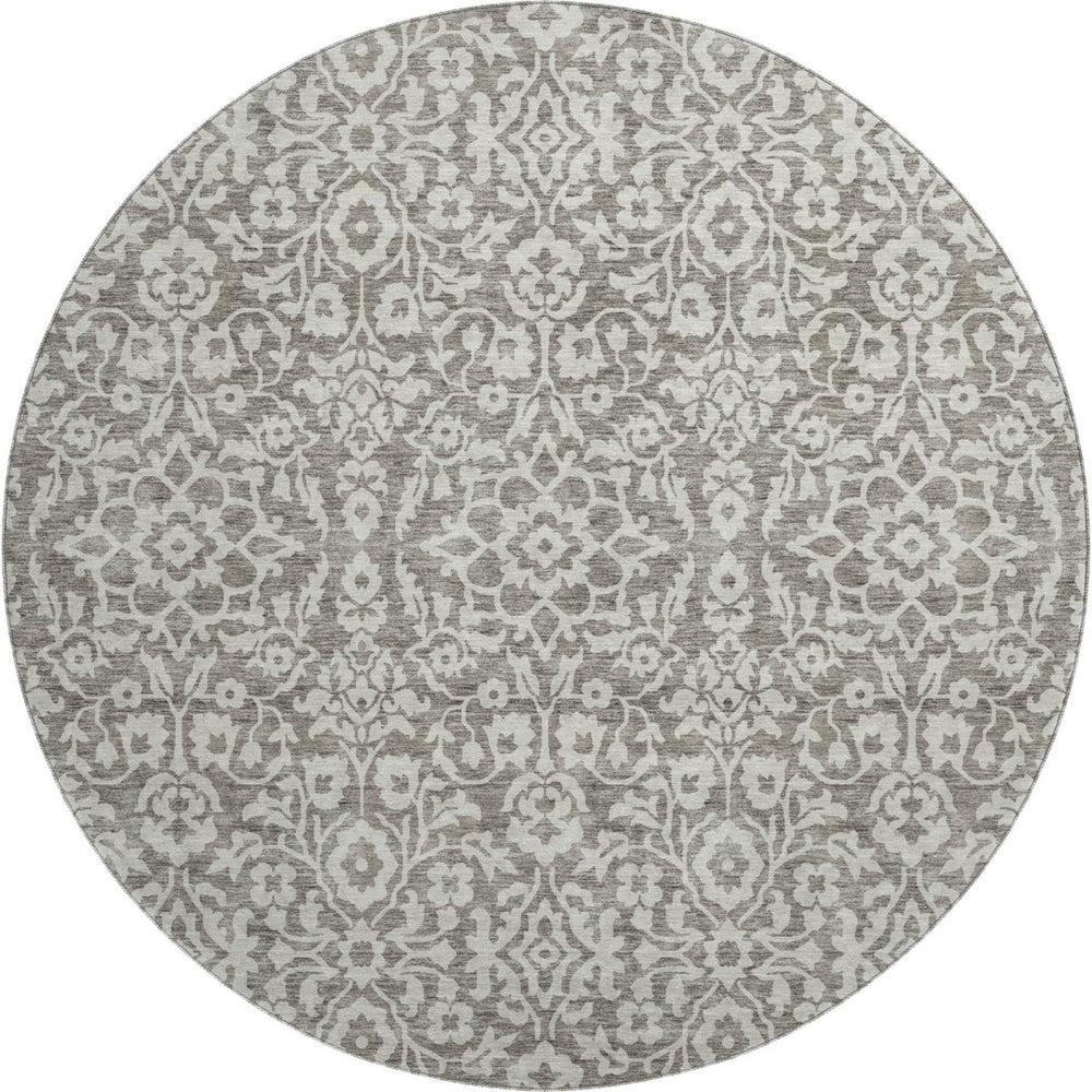 HomeRoots 8' Taupe And Ivory Damask Round Rug - Durable, Washable Design with UV Protection for Busy Homes 673172