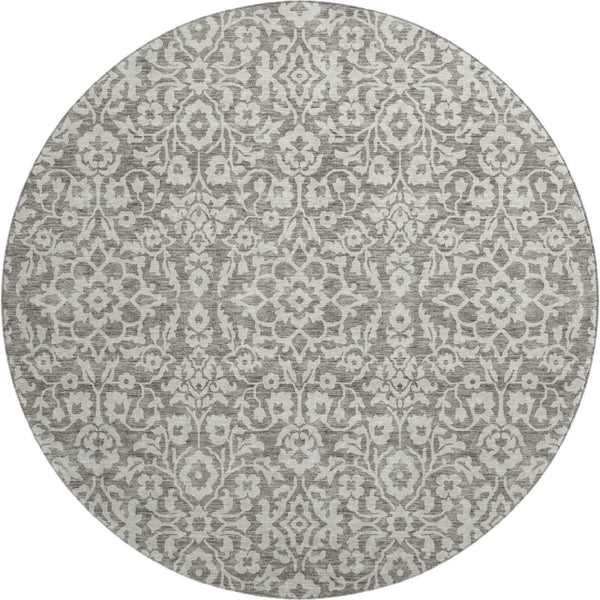 HomeRoots 8' Taupe And Ivory Damask Round Rug - Durable, Washable Design with UV Protection for Busy Homes 673172