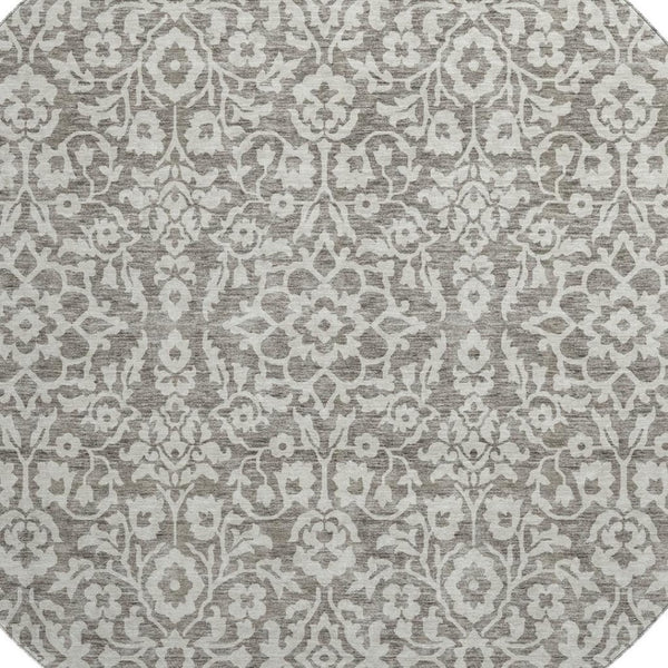 HomeRoots 8' Taupe And Ivory Damask Round Rug - Durable, Washable Design with UV Protection for Busy Homes 673172