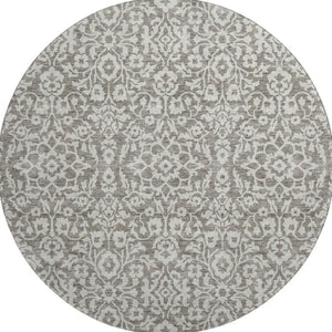 HomeRoots 8' Taupe And Ivory Damask Round Rug - Durable, Washable Design with UV Protection for Busy Homes 673172