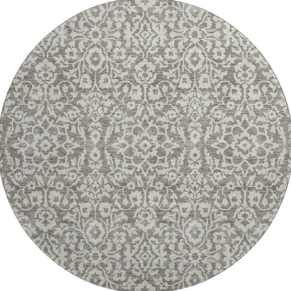 HomeRoots 8' Taupe And Ivory Damask Round Rug - Durable, Washable Design with UV Protection for Busy Homes 673172