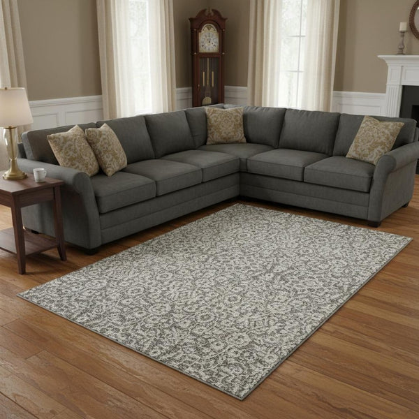 HomeRoots 8' X 10' Elegant Taupe & Ivory Damask Washable Area Rug with UV Protection for High-Traffic Spaces 673173