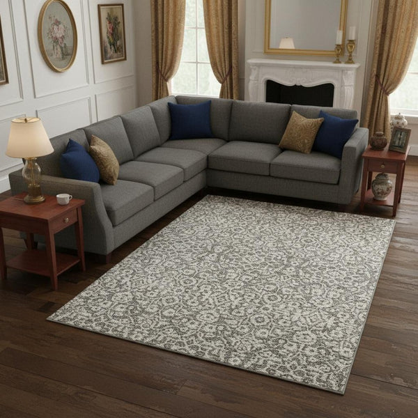 HomeRoots 9' X 12' Elegant Taupe And Ivory Damask Area Rug - Washable, UV Protected, Stain Resistant Design 673174
