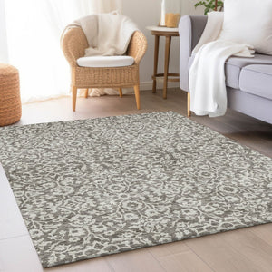 HomeRoots 9' X 12' Elegant Taupe And Ivory Damask Area Rug - Washable, UV Protected, Stain Resistant Design 673174