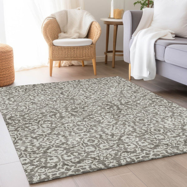 HomeRoots 9' X 12' Elegant Taupe And Ivory Damask Area Rug - Washable, UV Protected, Stain Resistant Design 673174