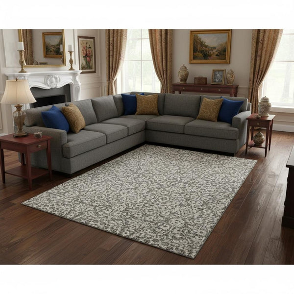 HomeRoots 10' X 14' Elegant Taupe and Ivory Damask Area Rug – Washable, UV Protected, Durable for High-Traffic Areas 673175