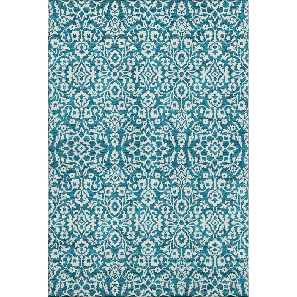 HomeRoots 5' X 8' Teal and Ivory Damask Area Rug - Washable, Stain-Resistant, UV Protected for Everyday Use 673177