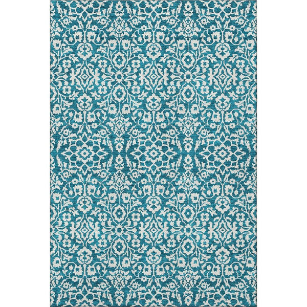 HomeRoots 5' X 8' Teal and Ivory Damask Area Rug - Washable, Stain-Resistant, UV Protected for Everyday Use 673177