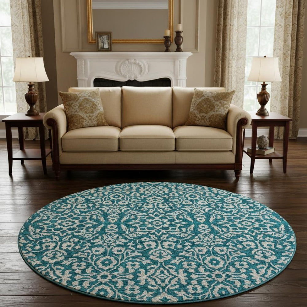 HomeRoots 8' Teal And Ivory Damask Round Rug - Washable, UV Protected, Stylish & Durable for Busy Households 673178