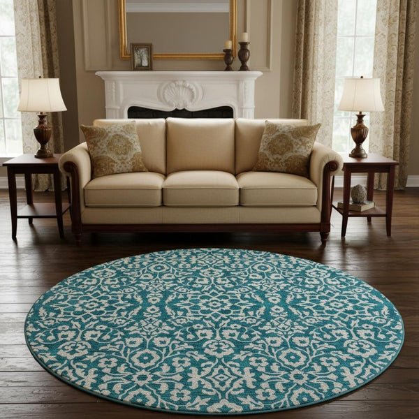 HomeRoots 8' Teal And Ivory Damask Round Rug - Washable, UV Protected, Stylish & Durable for Busy Households 673178