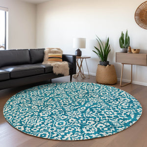 HomeRoots 8' Teal And Ivory Damask Round Rug - Washable, UV Protected, Stylish & Durable for Busy Households 673178